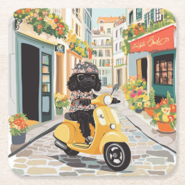 Black Doodle Riding Scooter European City Streets Underlägg Papper Kvadrat