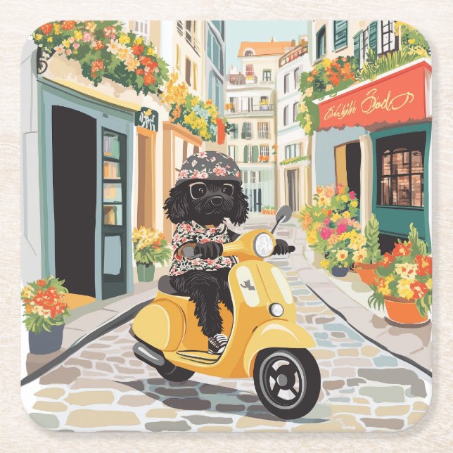 Black Doodle Riding Scooter European City Streets Underlägg Papper Kvadrat (Framsidan)