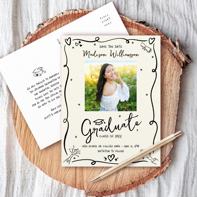 Black Doodles Graduation Save the Date Photo Cream Inbjudan Vykort (Skapare uppladdad)