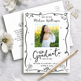 Black Doodles Graduation Save the Date Photo White Inbjudan Vykort