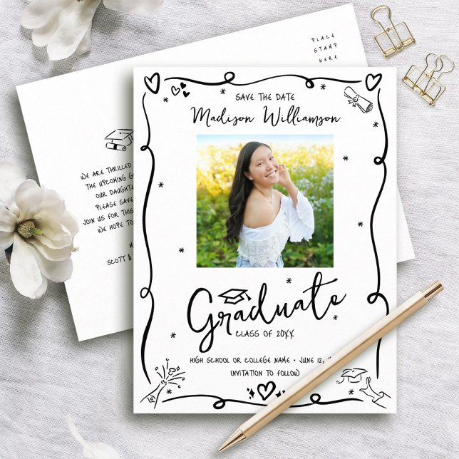 Black Doodles Graduation Save the Date Photo White Inbjudan Vykort (Skapare uppladdad)