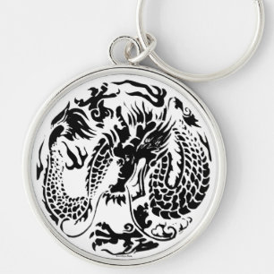Black Dragon Keychain Rund Silverfärgad Nyckelring