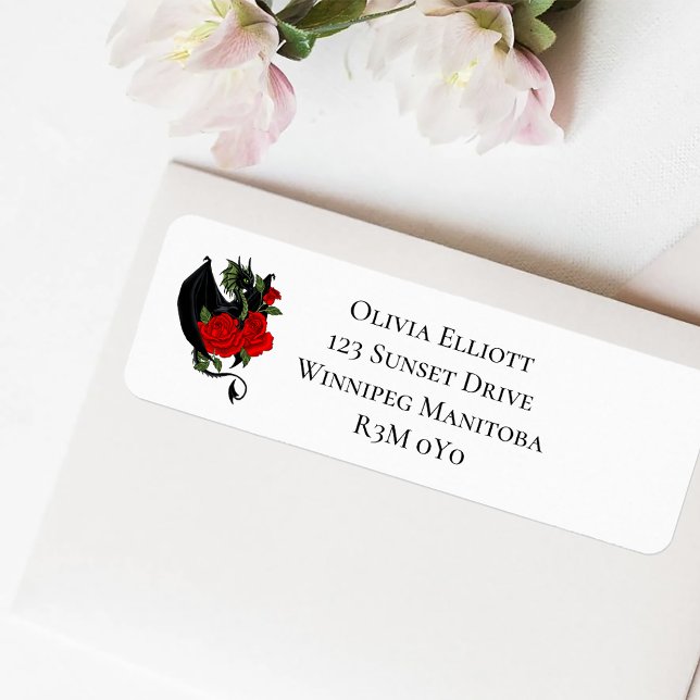 Black Dragon Röd ros Fantasy Bröllop Returadress Etikett (Skapare uppladdad)