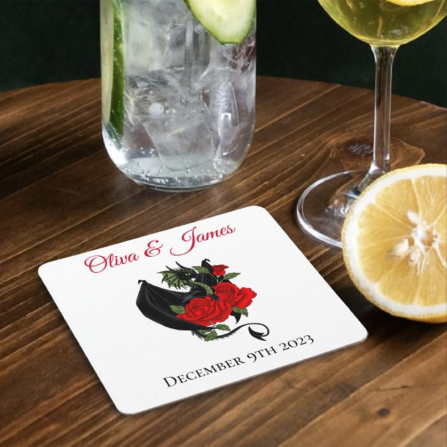 Black Dragon Röd ros Fantasy Bröllop Underlägg Papper Kvadrat (Skapare uppladdad)