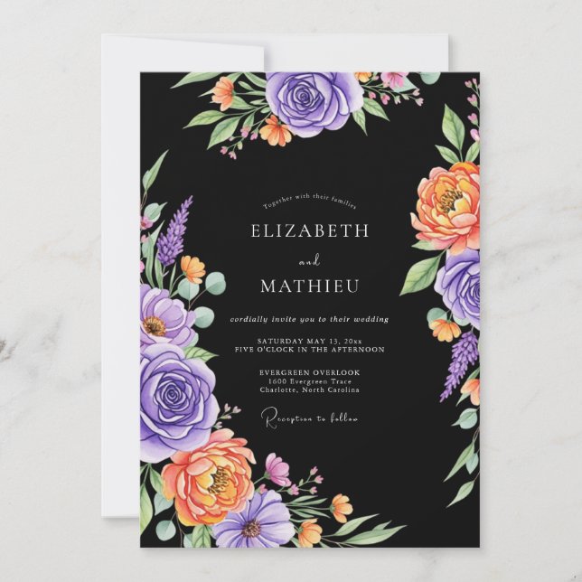 Black Dramatic Floral Watercolor Wedding Inbjudningar (Framsida)