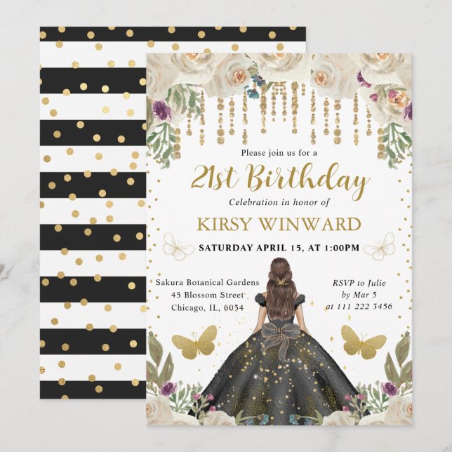 Black Dress Brunette Har Princess Birthday Inbjudningar (Fram/baksida)