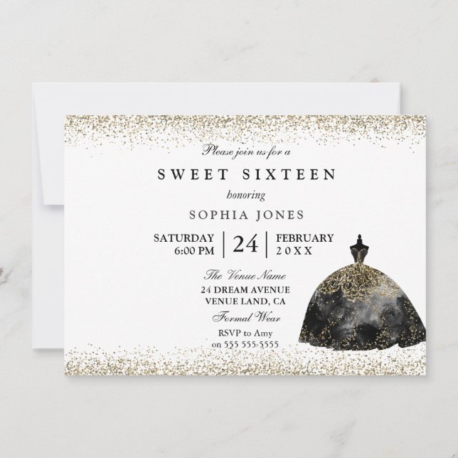 Black Dress Guld Glitter Sweet 16 inbjudan (Baksida)
