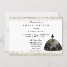 Black Dress Guld Glitter Sweet 16 inbjudan