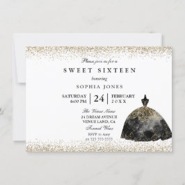 Black Dress Guld Glitter Sweet 16 inbjudan
