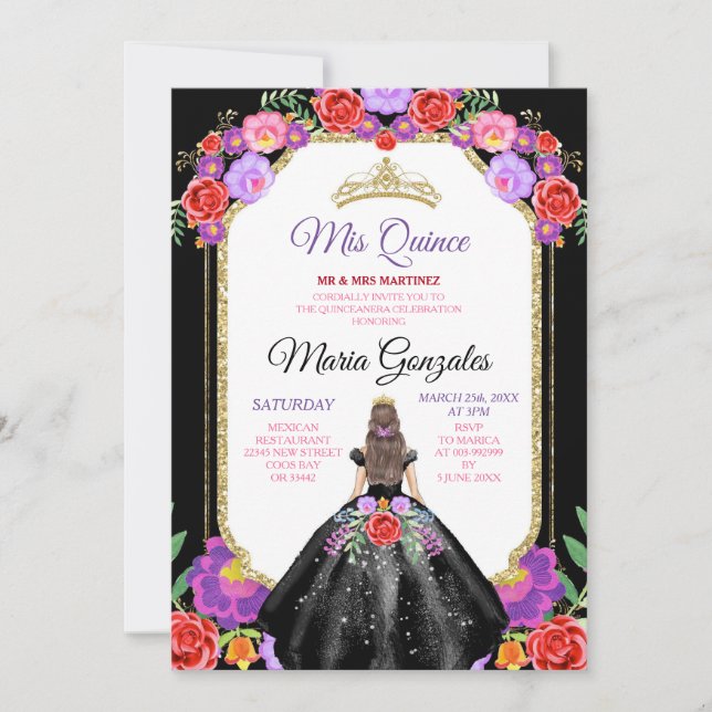 Black Dress Mis Quince 15 Anos Mexikanska Blommigt Inbjudningar (Framsida)