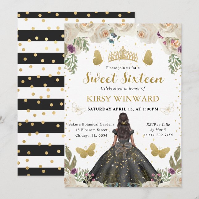 Black Dress Mörk Skin Princess Sweet 16 Inbjudningar (Fram/baksida)
