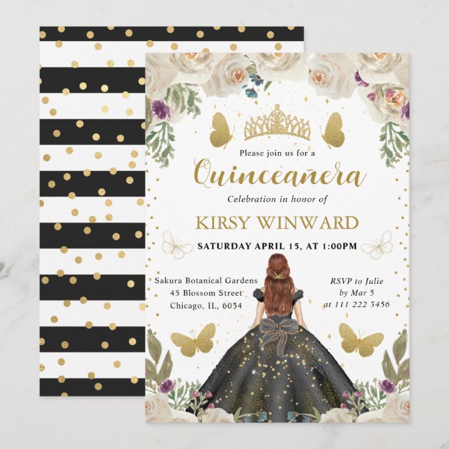 Black Dress Red Hair Princess Quinceanera Inbjudningar (Fram/baksida)
