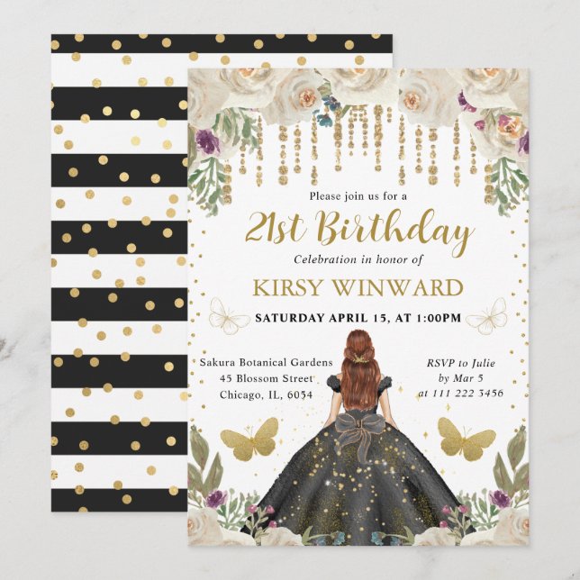 Black Dress Red Har Princess Birthday Inbjudningar (Fram/baksida)