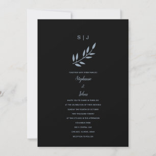 Black Dusty Blue Löv Monogram Bröllop 2024 Inbjudningar