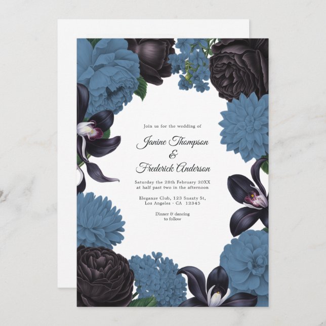Black & Dusty Blue Photo/QR Code Floral Wedding Inbjudningar (Fram/baksida)