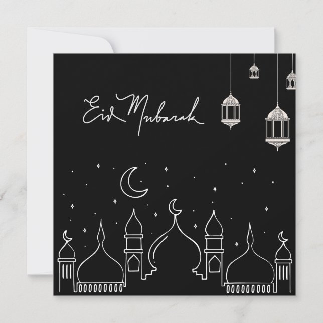 Black Eid Mubarak Line Art Mosque Julkort (Framsida)