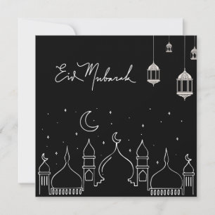 Black Eid Mubarak Line Art Mosque Julkort