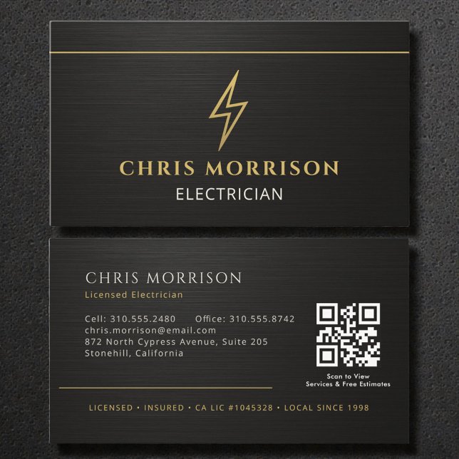 Black Electrician Metallic QR Code Visitkort (Skapare uppladdad)