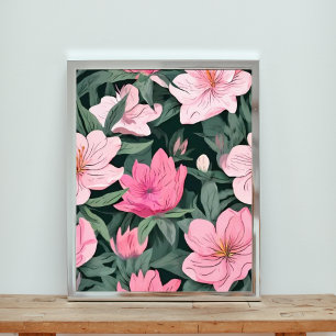 Black Elegance: Pink Floral Seamless Pattern Fototryck