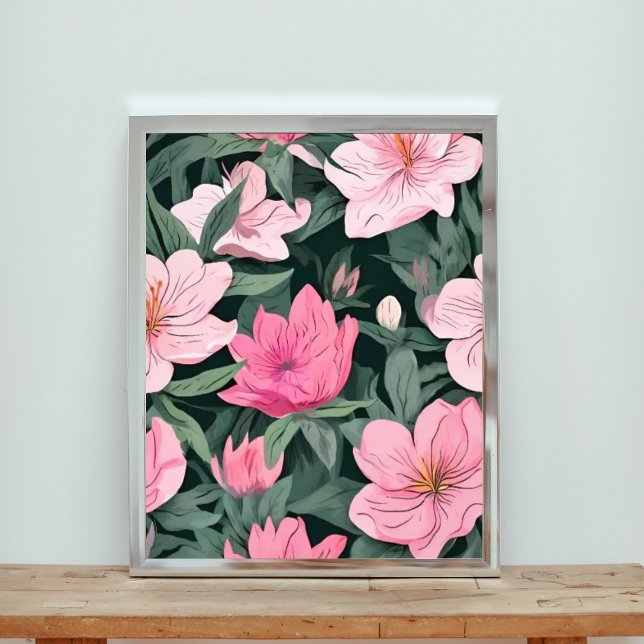 Black Elegance: Pink Floral Seamless Pattern Fototryck (Skapare uppladdad)