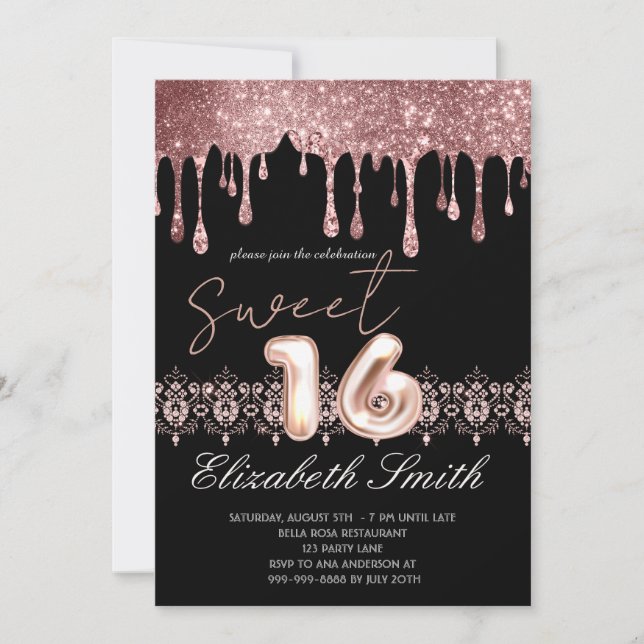 Black Elegance, Ro Guld Drips Sweet sixteen Inbjudningar (Framsida)