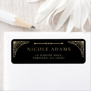 Black Elegant Art Deco Guld Retro Bröllop Adress Returadress Etikett
