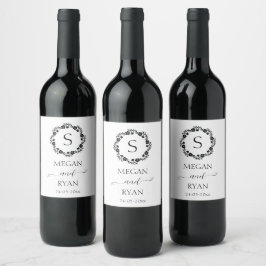 Black Elegant Blommigt Ram Monogram Heart Vin La Vinflaska Etikett
