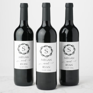Black Elegant Blommigt Ram Monogram Heart Vin La Vinflaska Etikett