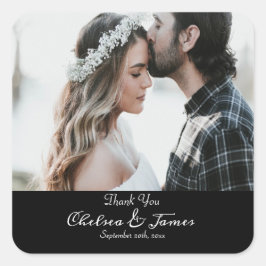 Black Elegant Calligraphy Photo Bröllop Tack Fyrkantigt Klistermärke