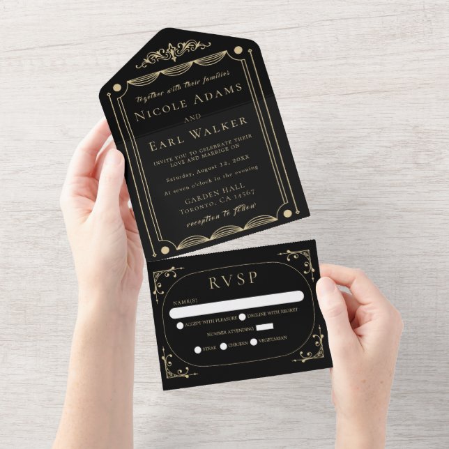 Black Elegant Deco Guld Retro Bröllop (Avrivbar del)