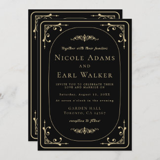 Black Elegant Deco Guld Retro Bröllop Inbjudningar