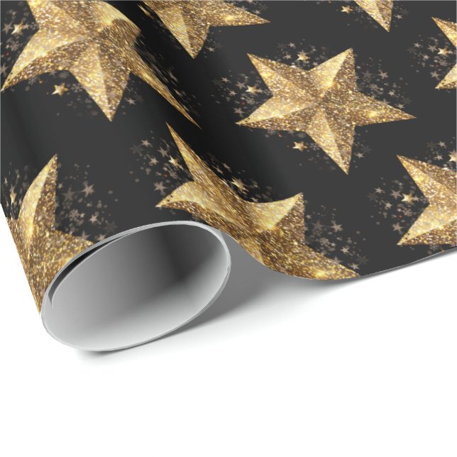 Black Elegant Gold Stars Pattern New Year winter Presentpapper (Rullad Hörn)