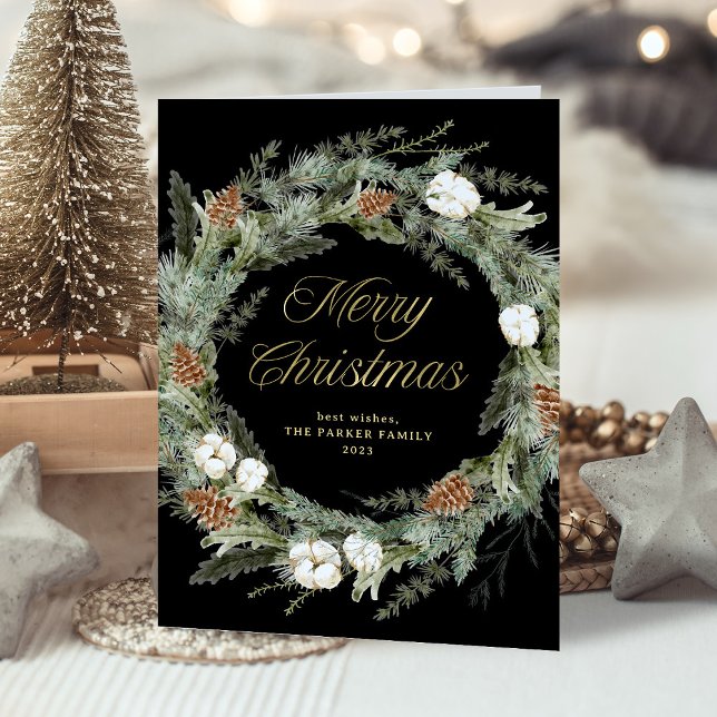 Black Elegant Gräs Greenery | GULD GOD JUL Helgkort (An elegant, dark black holiday card with a traditional Christmas wreath and gold script)
