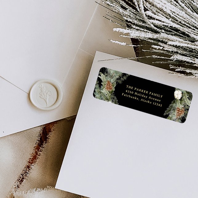 Black Elegant Gräs Greenery | Guld-jul Returadress Etikett (Elegant holiday return address labels with a traditional Christmas wreath)