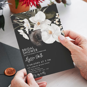 Black Elegant Modern Blommigt Orchid Möhippa Inbjudningar