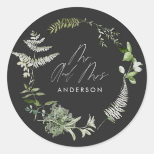 Black elegant modern botaniskt skript bröllop pape runt klistermärke