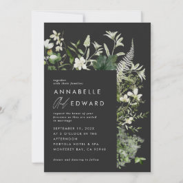 Black elegant, modernt botaniskt skript bröllop inbjudningar