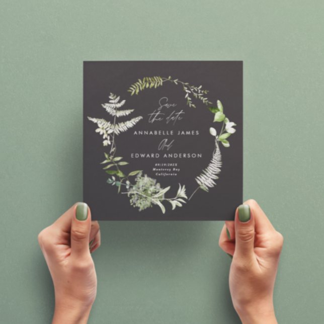 Black elegant, modernt botaniskt skript bröllop spara datumet (Skapare uppladdad)