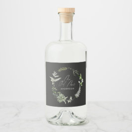 Black elegant, modernt botaniskt skript bröllop spritflaskor etikett