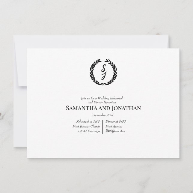 Black Elegant Monogram Wreath Wedding Rehearsal  Inbjudningar (Framsida)