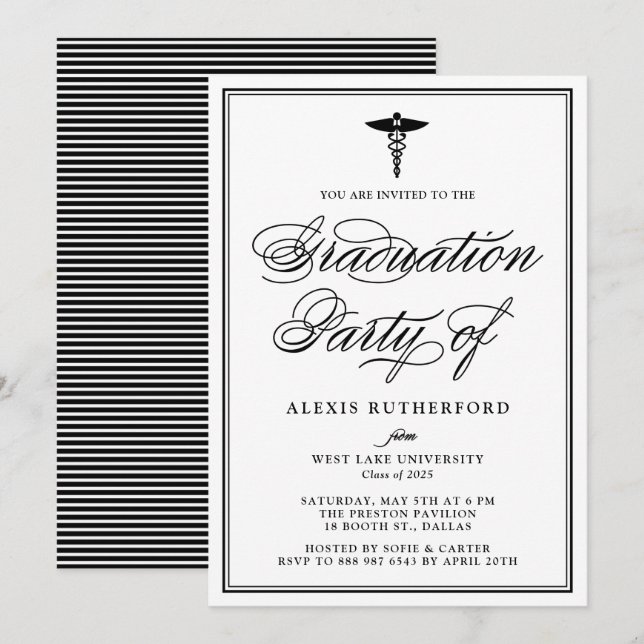 Black Elegant Script Medical School Studenten Inbjudningar (Fram/baksida)