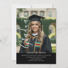 Black Elegant script simple one photo graduation Inbjudningar