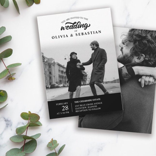 Black Elegant Typography Photo Bröllop Inbjudningar (Skapare uppladdad)