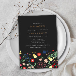Black Elegant Wildblomme Mönster Baby Shower Inbjudningar