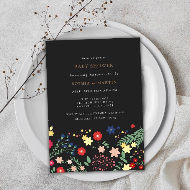 Black Elegant Wildblomme Mönster Baby Shower Inbjudningar (Black Elegant Wildflower Pattern Baby Shower Invitation)