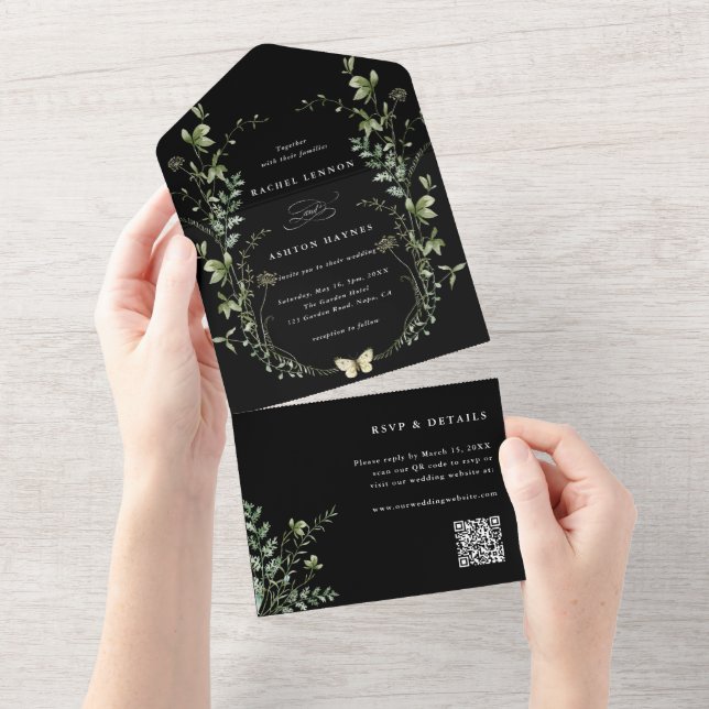 Black Elegant Wildblomme QR Code Bröllop (Avrivbar del)