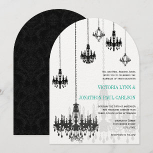 Black Emerald Grönt Damask Chandeliers Bröllop Inbjudningar