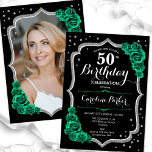 Black Emerald Grönt Photo 50:e födelsedagen Inbjudningar<br><div class="desc">Elegant 50-årsinbjudan med ditt foto på baksidan av kortet. Glam Black and emerald grönt design med faux glitter silver. Har grönt ro, skriptteckensnitt och kontur. Perfekt för en snyggt vuxen under firande party. Anpassa med dina egna detaljer. Kan anpassas för vilken ålder som helst! Skrivna Zazzle-inbjudningar eller digital utskrivbar mall...</div>
