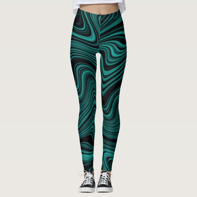 Black & Emerald Vågigt Abstraction Leggings (Framsida)