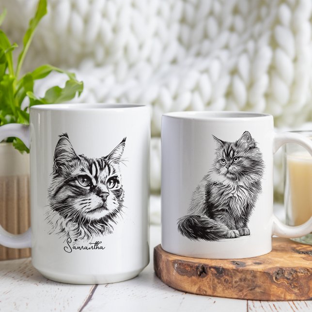 Black Engraved Cat Head Sketch Art Kaffemugg (Skapare uppladdad)